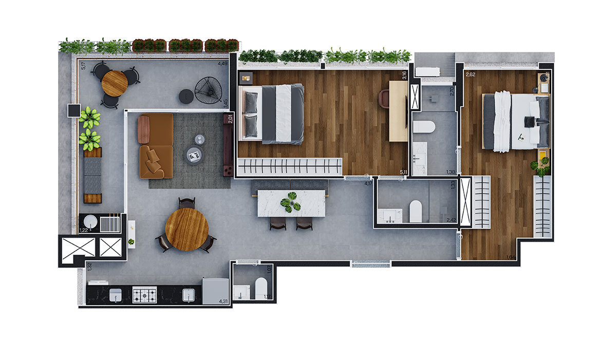 Planta tipo 03 - Unidade 61 - Apto. 96m² - Opção com dormitório ampliado e lavabo